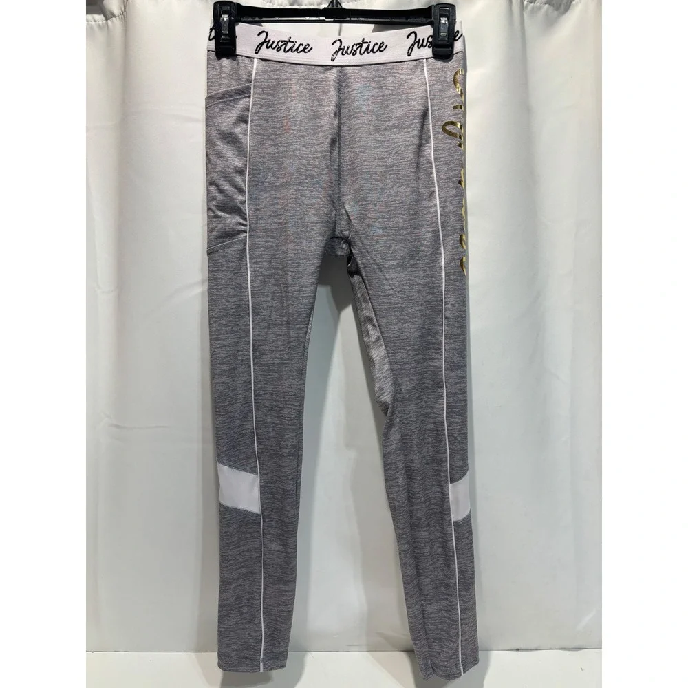 Justice Leggings Girls XL 16/18 Gray Gold Foil Logo Active Space Dye Pocket